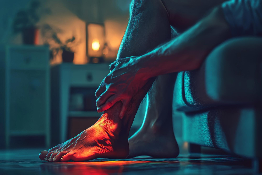 A person sitting at home, holding their ankle